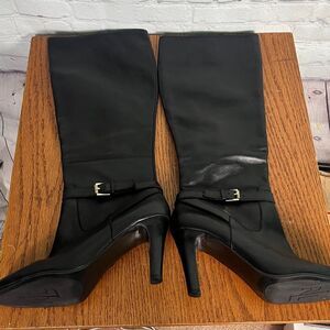 Ralph Lauren Bethan Black Leather Boots with Gold Buckle, Size
10 with 3.5” heel